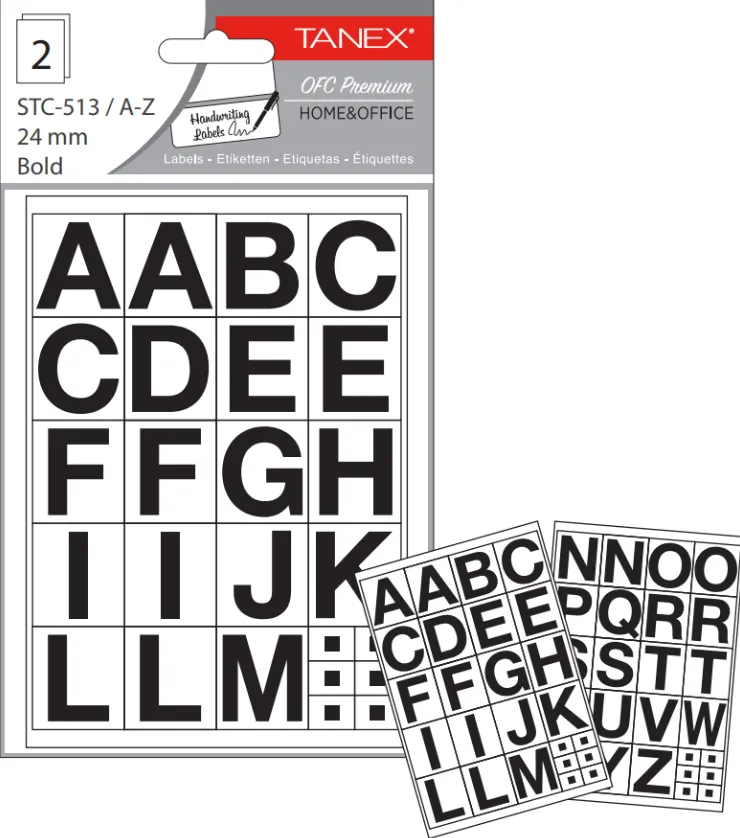 Tanex Etichete autoadezive cu litere, A-Z, 2 folii/set, TANEX, 15mm bold