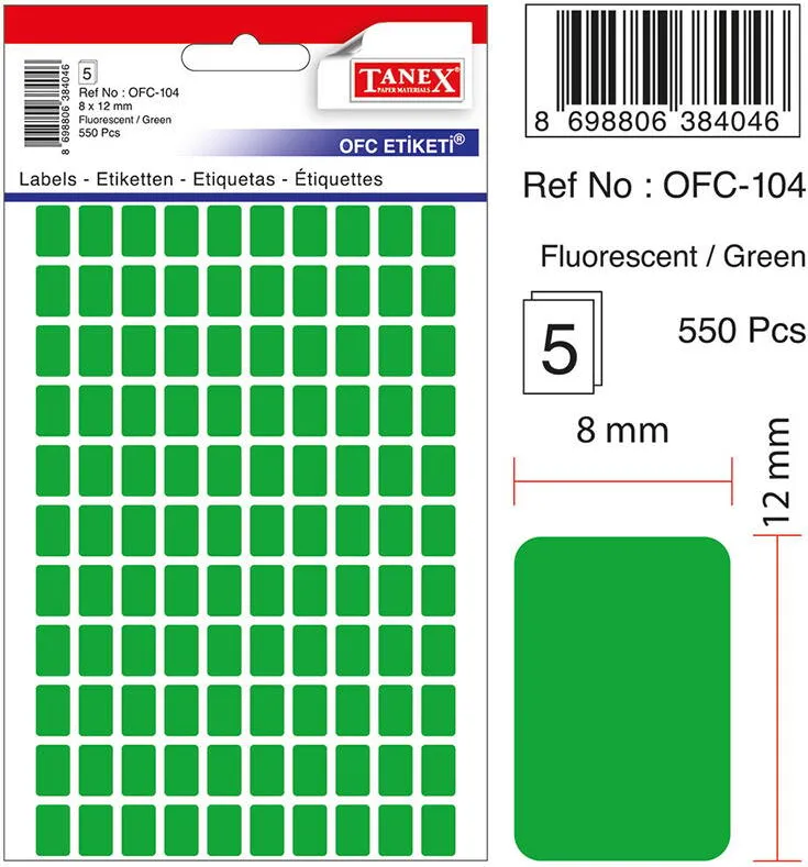 Tanex Etichete autoadezive, 8 x 12 mm, 550 buc/set, TANEX, verde fluorescent