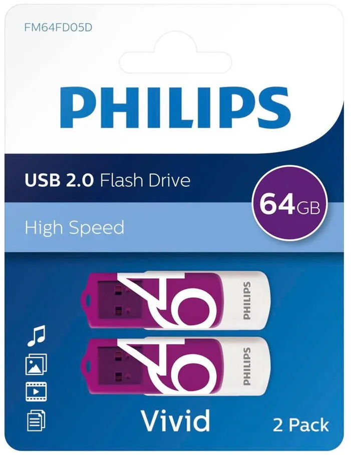 Memorie USB Philips USB 2.0 2-Pack 64GB Vivid Edition Magic Purple