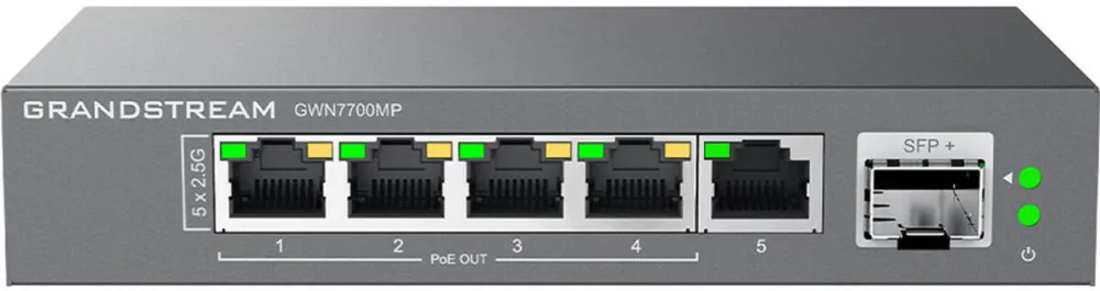 Switch Grandstream Unmanaged 2.5G Multi-Gigabit Network Switch, 5x 2,5GbE RJ45, 4x PoE 802.3 af/at, up to 30W per port, 60W total power budget, 1x SFP+, metal case