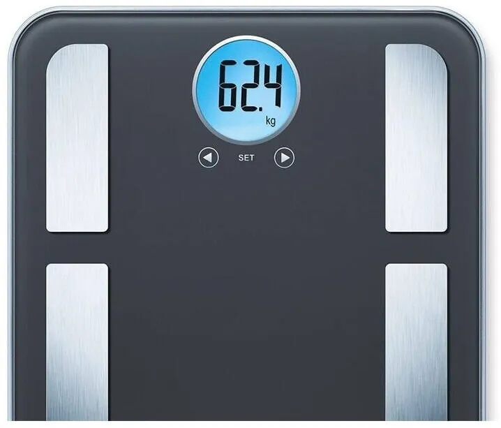 Beurer Cantar corporal electronic, Beurer BF195, Sticla securizata/Otel inoxidabil, Capacitate 180 kg, Afisaj LCD, Indicator suprasarcina, Gri