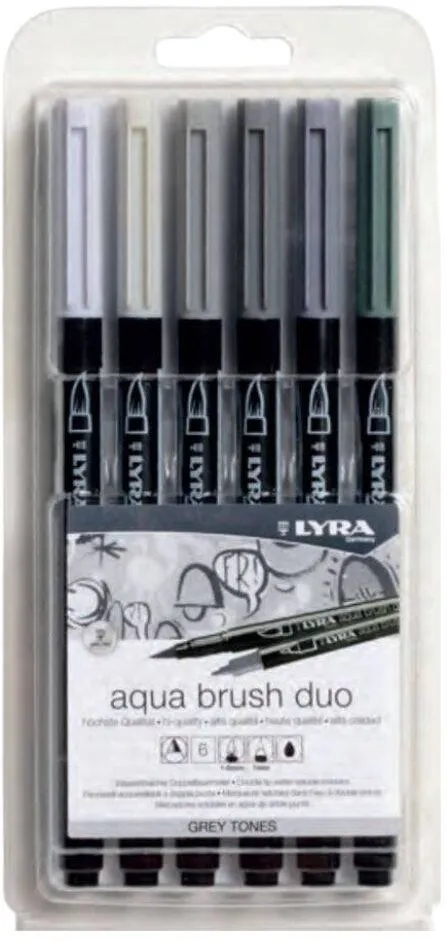 LYRA Markere LYRA Aqua Brush Duo, 2 capete (brush + 1mm), 6 culori in tonuri de gri/blister