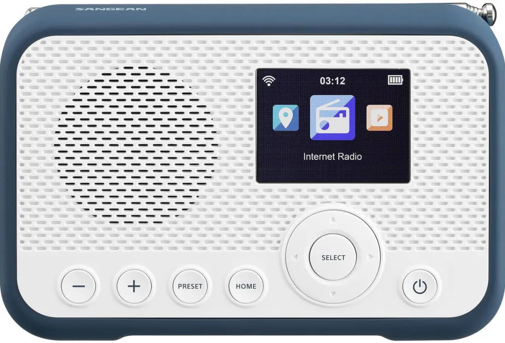 Sangean WFR-39, Radio pe internet compact, portabil, cu WiFi, streaming de muzica, DAB+/FM, usor de utilizat prin aplicatia de control, alb-albastru