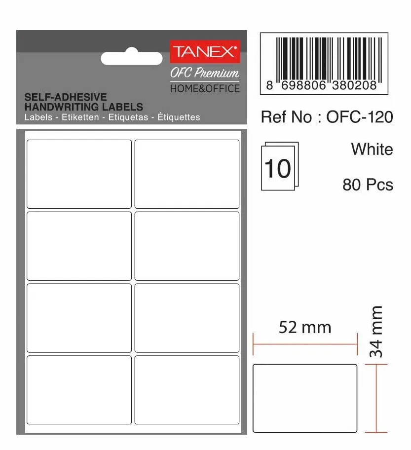 Tanex Etichete autoadezive, 34 x 52 mm, 80 buc/set, TANEX, alb