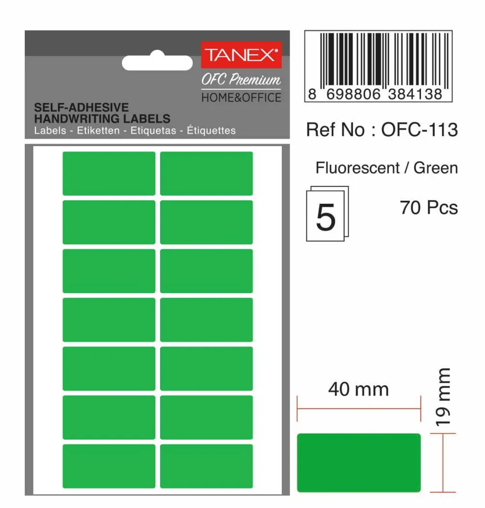 Tanex Etichete autoadezive, 19 x 40 mm, 70 buc/set, TANEX, verde fluorescent