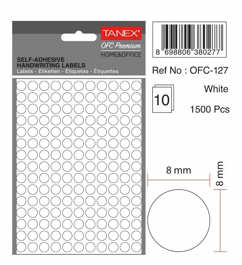 Tanex Etichete autoadezive rotunde, D 8 mm, 750 buc/set, TANEX, alb