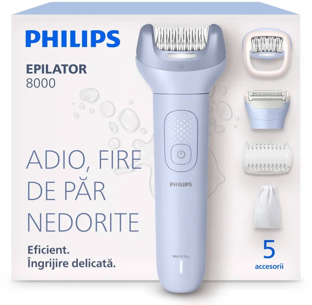 Philips Epilator BRE709/00 Seria 8000 cu ProGuide 360° pentru epilare precisa, pensete ceramice, cap ras, pieptene, husa, autonomie 60 min