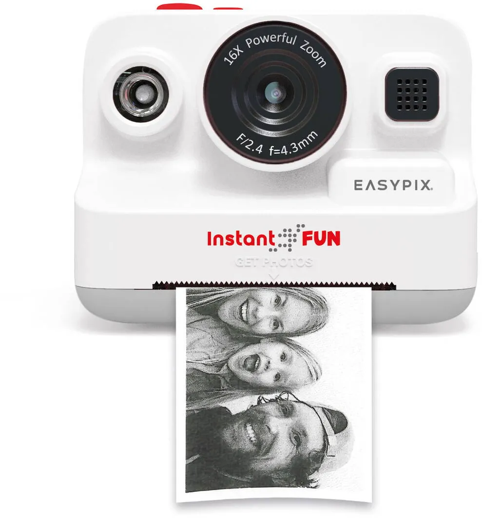 Aparat foto compact Easypix pentru Copii Easypix InstaFun, 12Mpx, FULL HD, 5 jocuri, player muzical, printare termica Alb-Negru, Alb