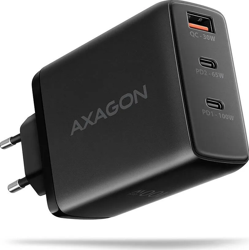 AXAGON AXAGON ACU-DPQ100 GaN Wall charger 100W, 3x port (USB-A + dual USB-C), PD3.0/PPS/QC4+/Apple