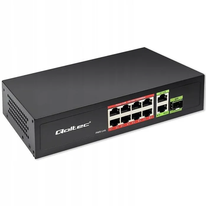Switch QOLTEC Switch De Retea Qoltec Switch Poe 52297 Cu Cablu De Alimentare, Qoltec, 52297, Carcasa Metalica, Racire Pasiva, Alimentare Poe, Suport Pana La 120W, 120 x 200 x 43 Mm, Negru