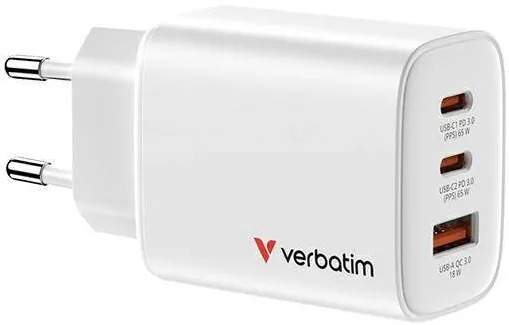 VERBATIM Incarcator retea Verbatim Essentials GaN, 65W, 3A, 2xUSB-C, 1xUSB-A, Alb