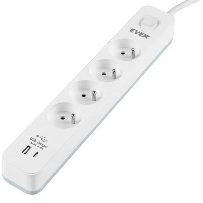 Ever Prelungitor Ever Protect, 4 prize, 2 porturi USB, 1.5m, alb