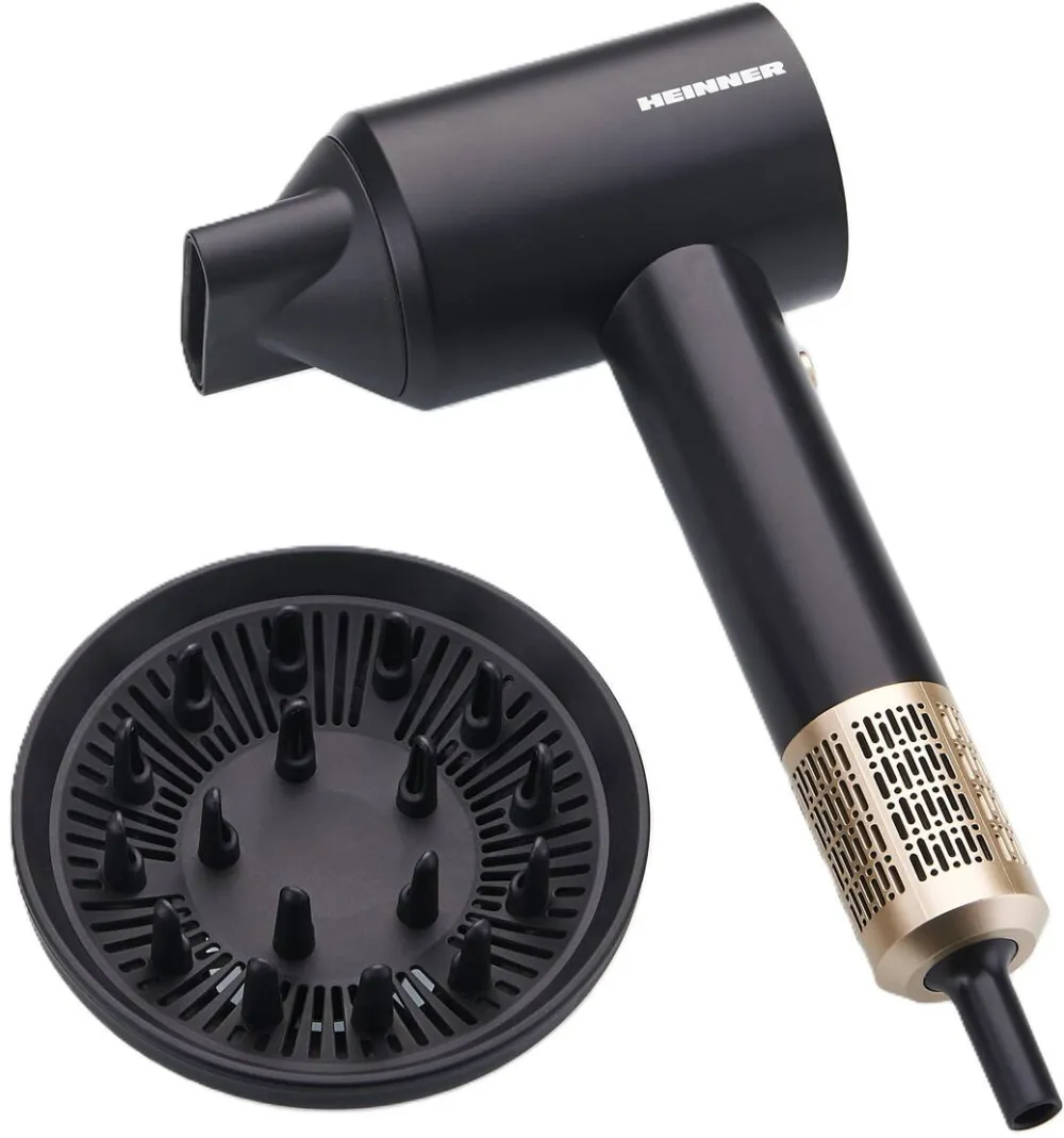 HEINNER Uscator de par profesional Heinner HHD-R16BLDC-BK, Motor BLDC, 1600 W, Display digital, 2 trepte de putere, 3 trepte de temperatura, Ionizare, Functie aer rece, Concentrator magnetic, Difuzor magnetic, Protectie filtru detasabila, Negru cu auriu