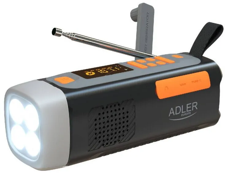 Adler Radio portabil ADLER AD 1920, alimentare solara/dynamo, Bluetooth, negru/portocaliu, 6, 3x6, 3x17cm