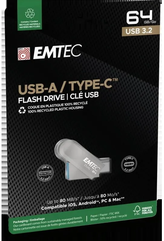 Memorie USB Emtec D280 64GB, USB3.2, Type-C, dual