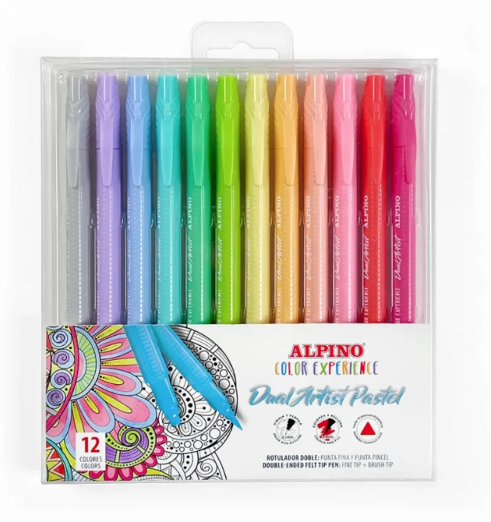 Alpino Carioca cu 2 capete, varf 0.7mm/tip pensula, 12 culori pastel /set, ALPINO Color Experience