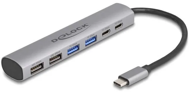 Hub USB DELOCK Hub USB, Delock, Aluminiu, Conexiune USB-C, 6 Porturi, 10 Gbps, 125 x 25 x 17 mm, Gri