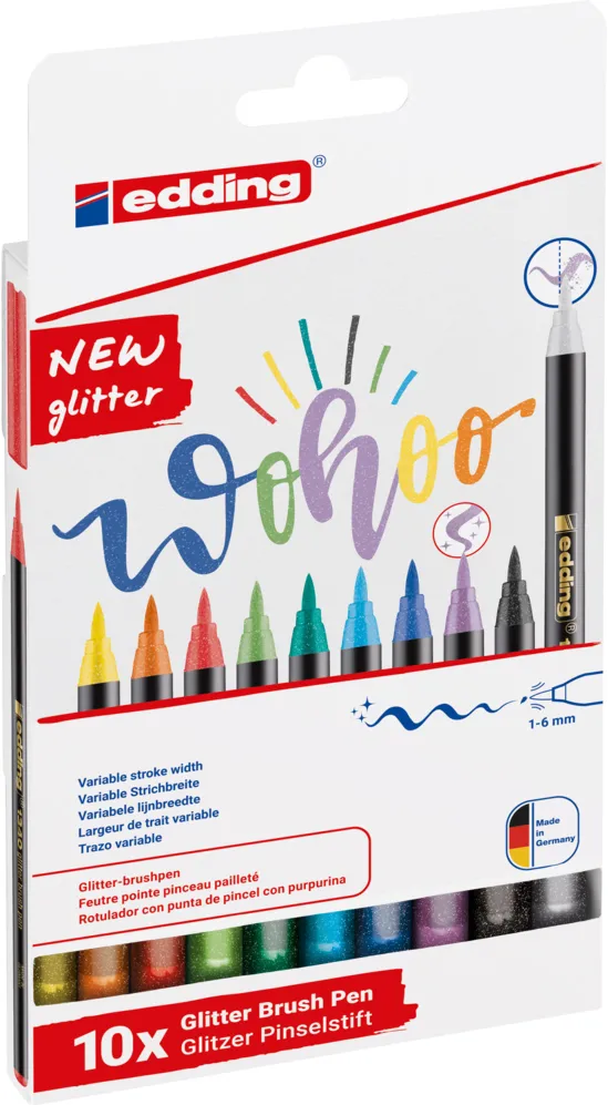 Marker Edding 1340 Glitter, set 10 culori, varf tip pensula, 1-6 mm, multicolor