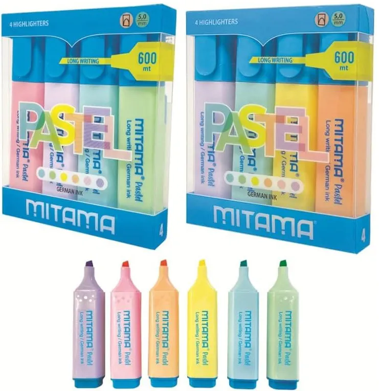 Set textmarkere Mitama, 4 culori Fluo, varf scalpello 5 mm