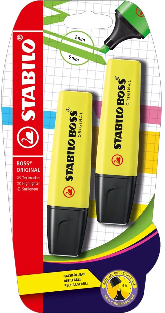 Textmarker Stabilo Boss Original, 2 bucati/blister, galben