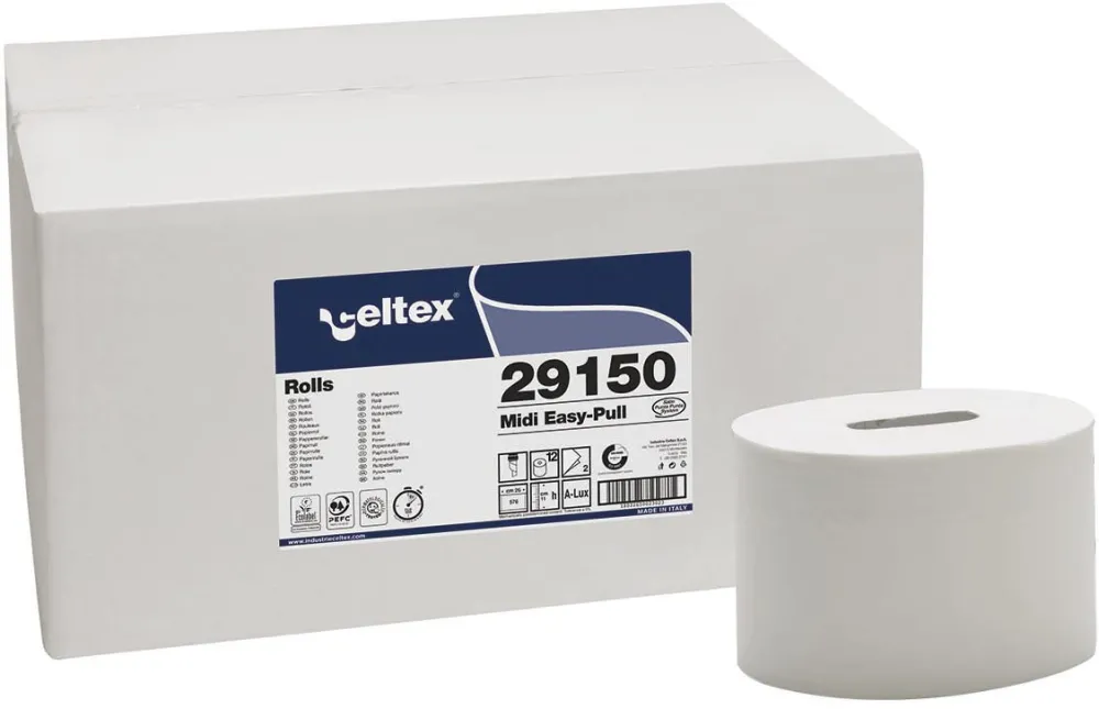Hartie igienica midi Celtex Easy Pull, 2 straturi, 576 portii, 150 m, 12 role/set