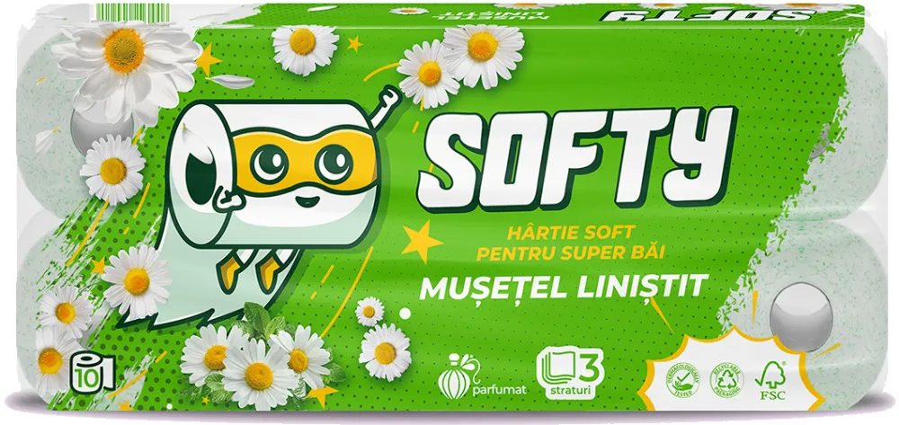 Hartie igienica Softy Musetel, 3 straturi, alba, 12 m, 10 role/set