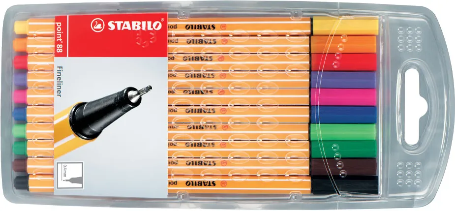Liner Stabilo Point 88, varf fetru, 0.4 mm, 10 culori/set (rosu, negru, albastru, verde, roz, mov, verde deschis, violet, orange, galben)