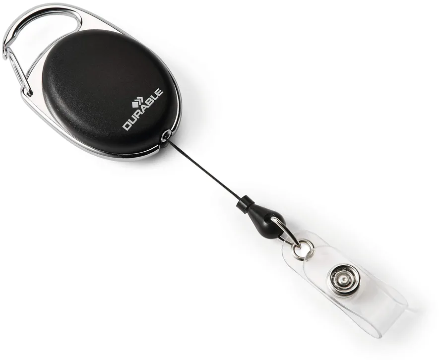 Snur retractabil Durable, pentru ecuson, 80 cm, forma ovala, sitem de prindere la curea, negru, bucata