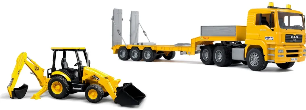 bruder MAN TGA low loader with JCB MIDI backhoe loader, model vehicle