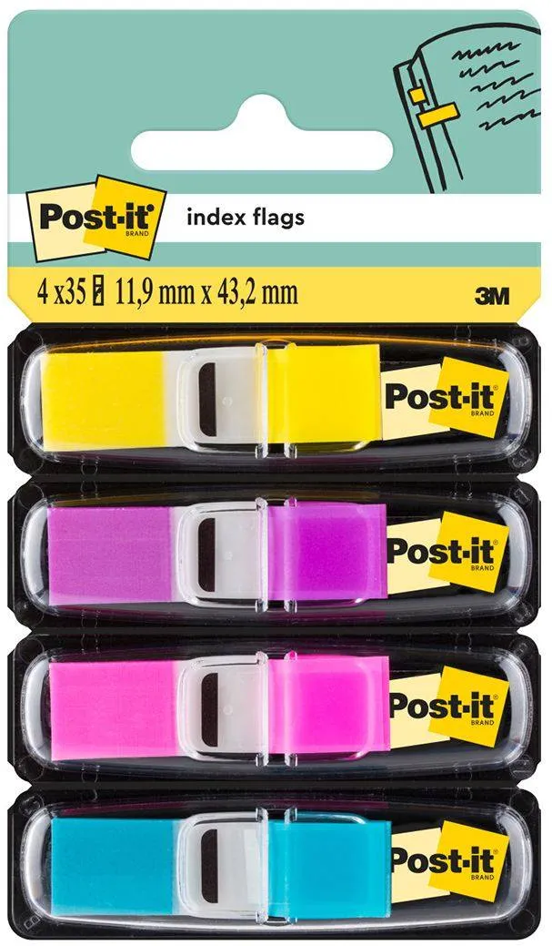 Index mini Post-it®, 11,9 mm x 43,2 mm, 4 culori asortate in dispenser, 24 file/culoare