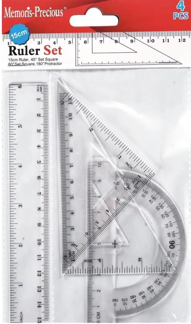 Set geometrie Memoris-Precious, rigla 15 cm, 2 echere, 1 raportor