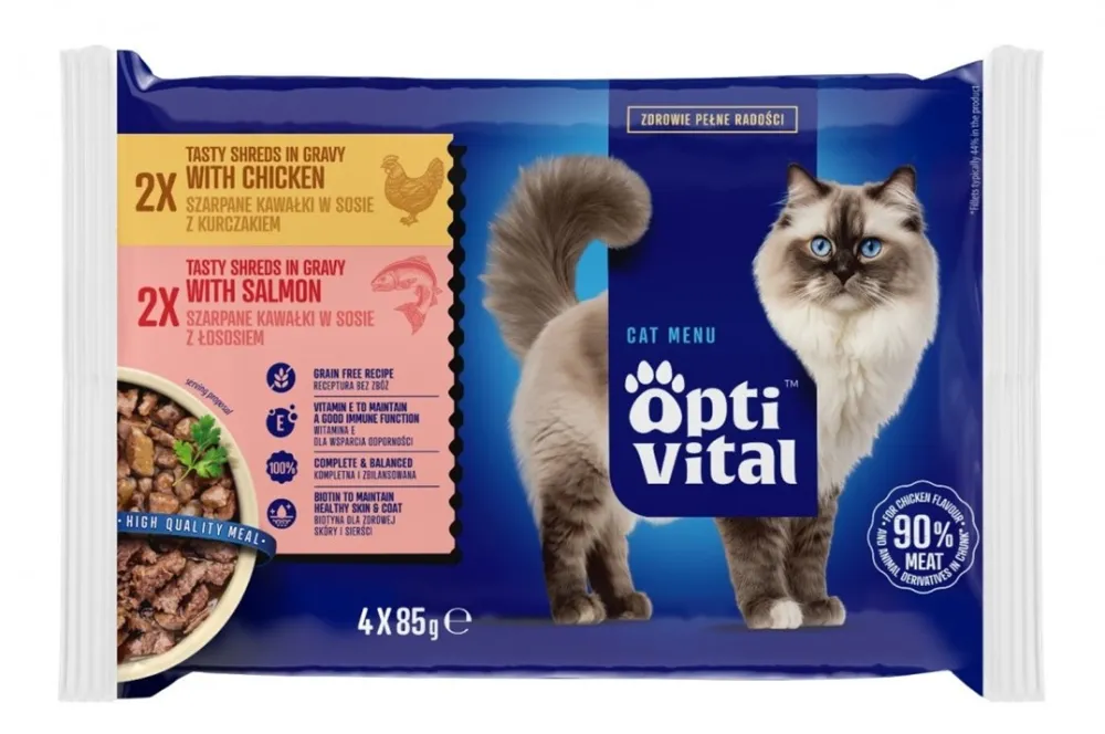 OPTIVITAL Shreds in gravy with chicken and salmon - wet cat food - 4x85g