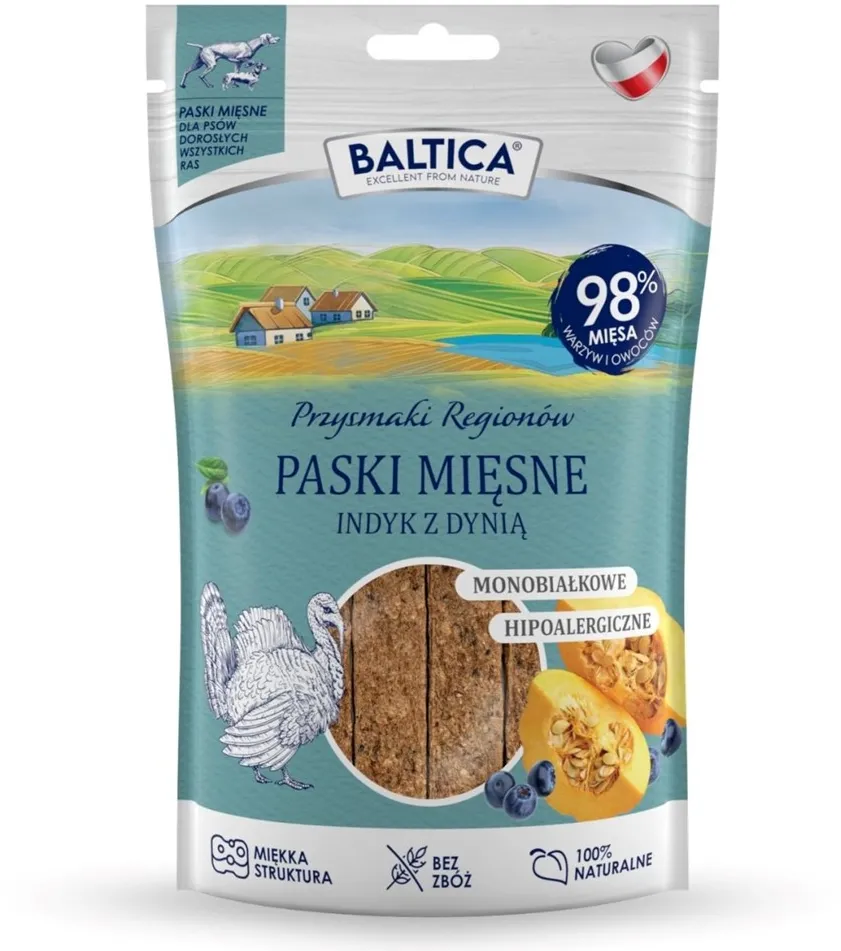 BALTICA Przysmaki Regionów Mono Meat Strips Turkey with Pumpkin – dog treat – 90 g