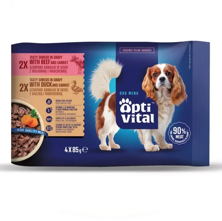 OPTIVITAL Tasty shreds with beef and duck in gravy - wet dog food - 4x85g