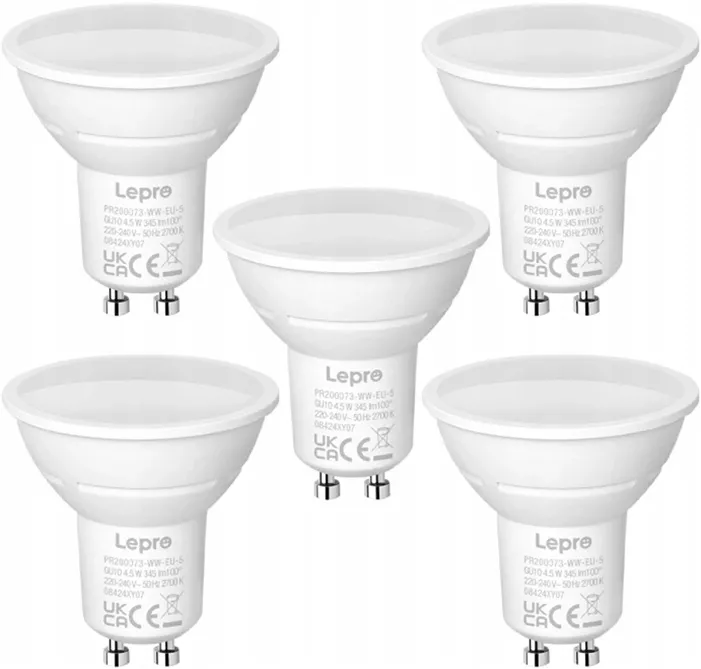 Bec LED LEPRO 200073-WW-EU-5 cu soclu GU10, 4,5 W, 345 lm, 2700 K, 100°, pachet de 5 bucăți