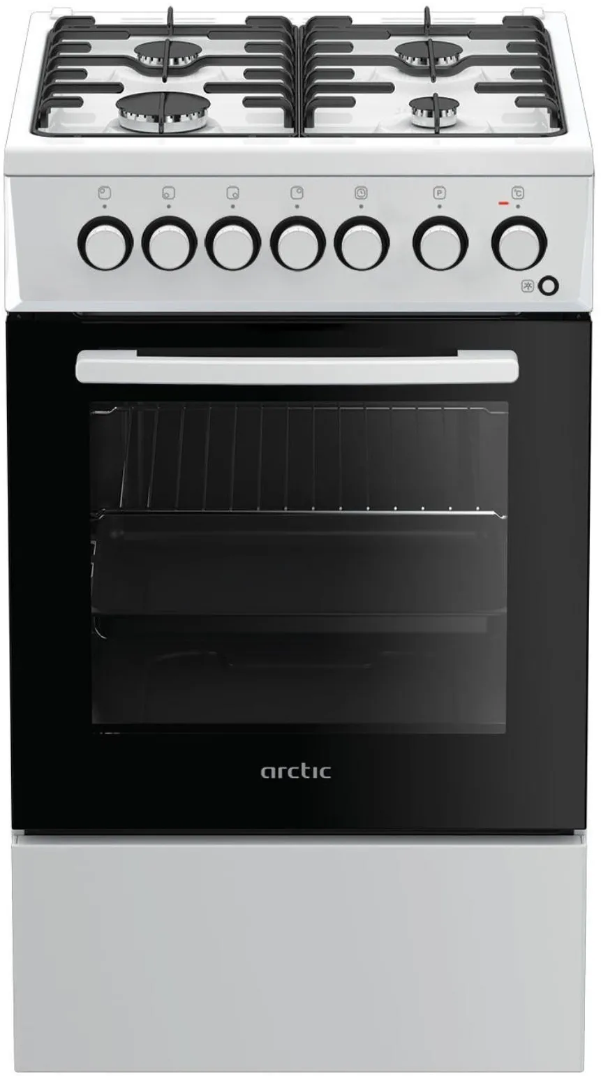 Aragaz ARCTIC ACM5611DTL mixt, 4 arzatoare gaz, cuptor electric, 4 functii gatire, control mecanic, aprindere buton plita, arzatoare cu eficienta ridicata, dispozitiv siguranta plita, suport vase emailat, tava emailata, gratar, capac metalic, alb