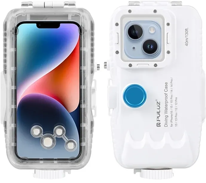 Husă impermeabilă Puluz pentru iPhone (40 m) cu supapă unidirecțională (alb)