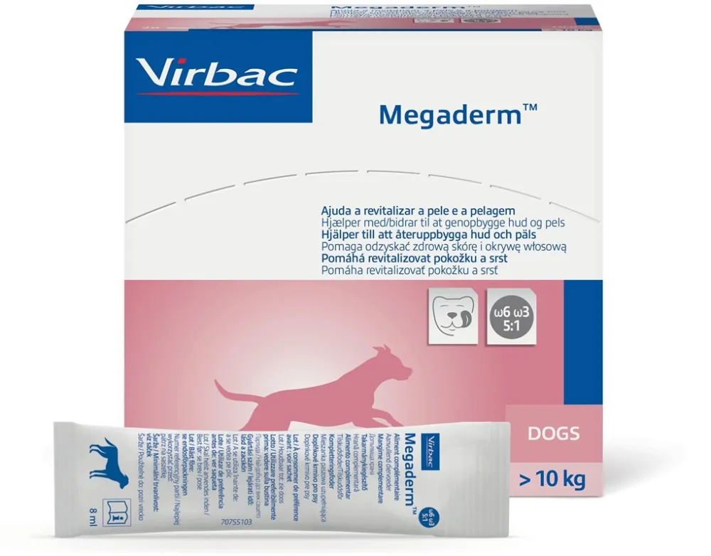 Supliment pentru piele si blana caini Virbac Megaderm 28 x 8 ml