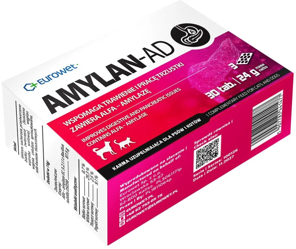 Supliment pentru digestie si pancreas EUROWET Amylan-Ad pentru caini si pisici 30 tablete