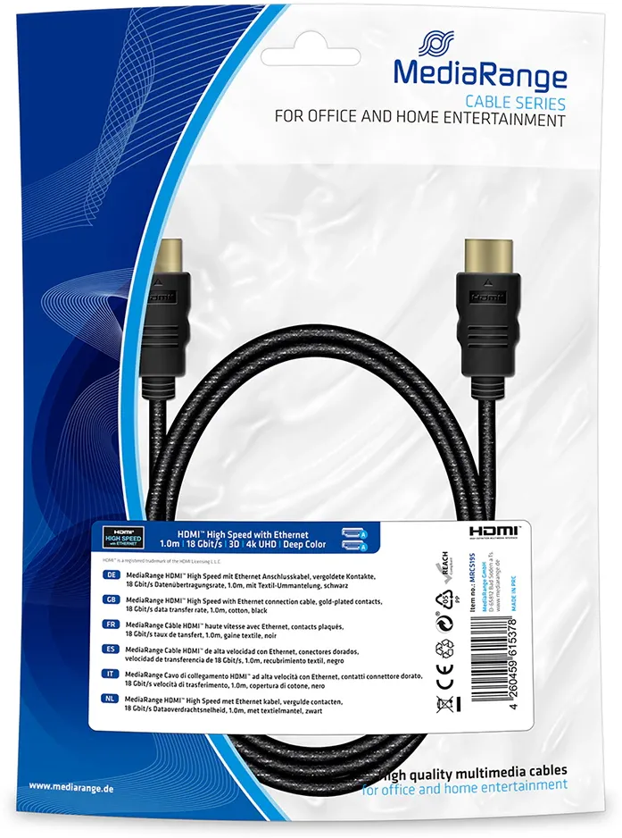 MediaRange HDMI High Speed Ethernet Anschlussk. 18Gibt/s 1m