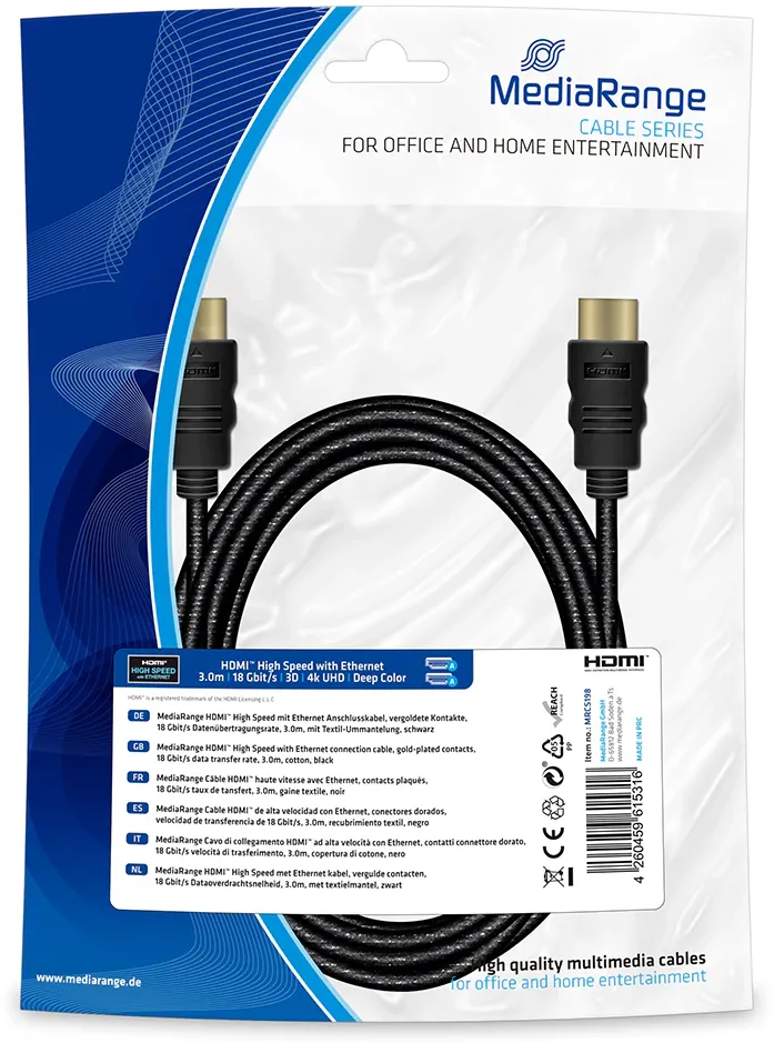 MediaRange HDMI High Speed Ethernet Anschlussk. 18Gibt/s 3m