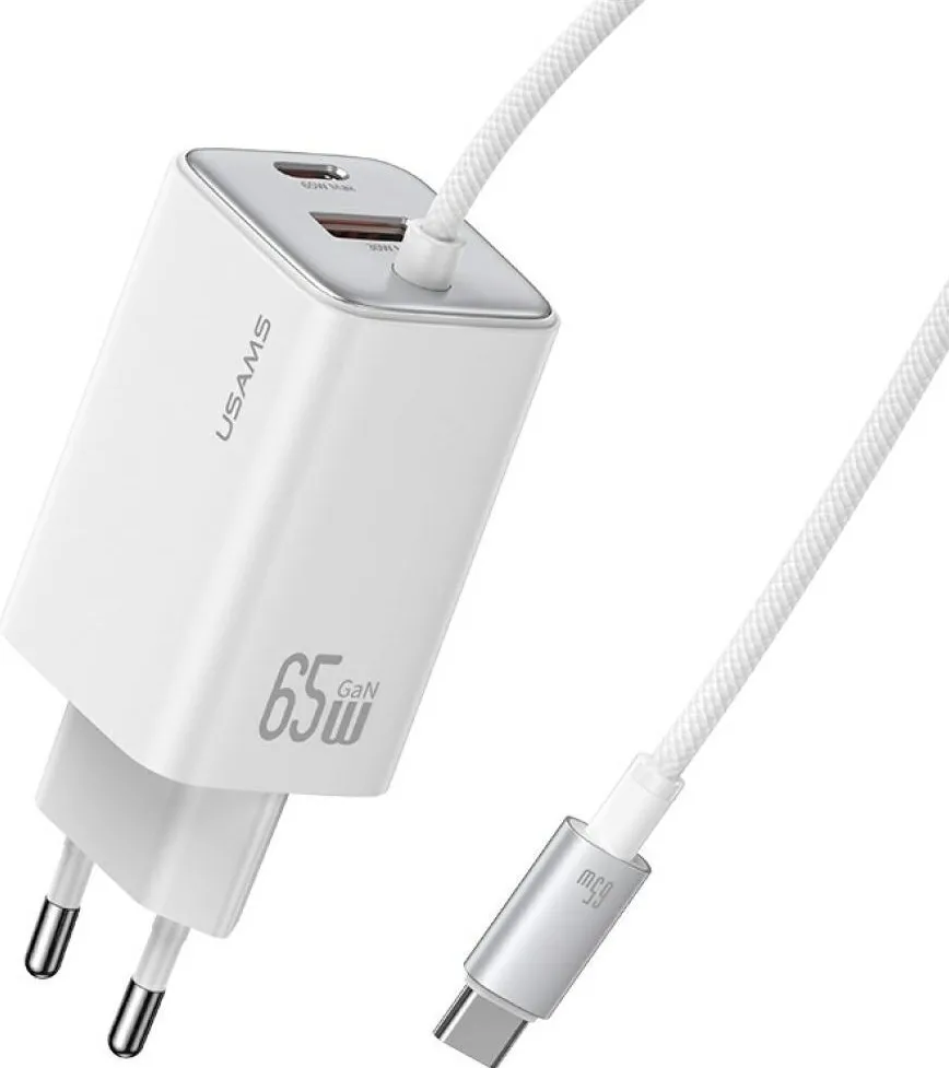 Incarcator retea USAMS GaN 65W USB-A + USB-C cu cablu USB-C alb