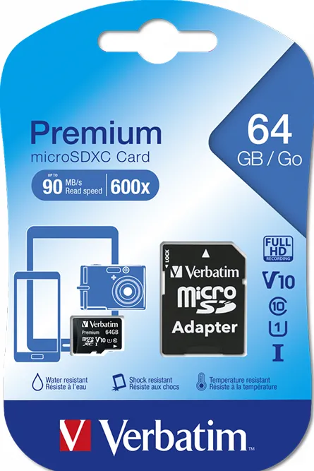 SD MicroSD Card 64GB Verbatim SDXC Premium Class10 + Adapte retail