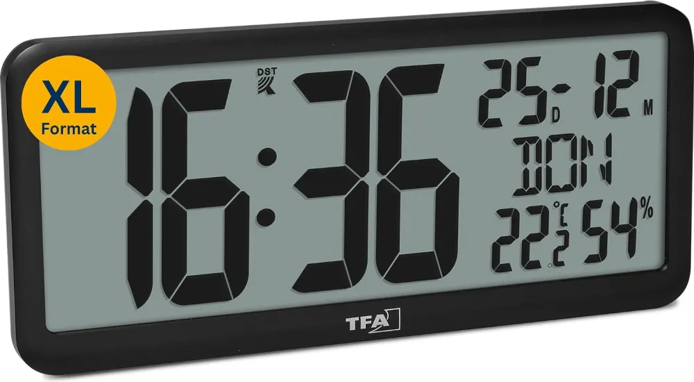 Ceas de perete digital radiocontrolat TFA 60.4525.01 cu temperatura si umiditate negru