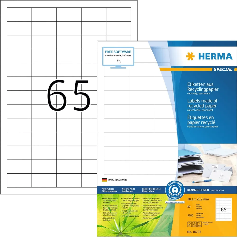 Etichete autoadezive Herma 10725 hartie reciclata A4 38,1x21,2 mm 5200 buc