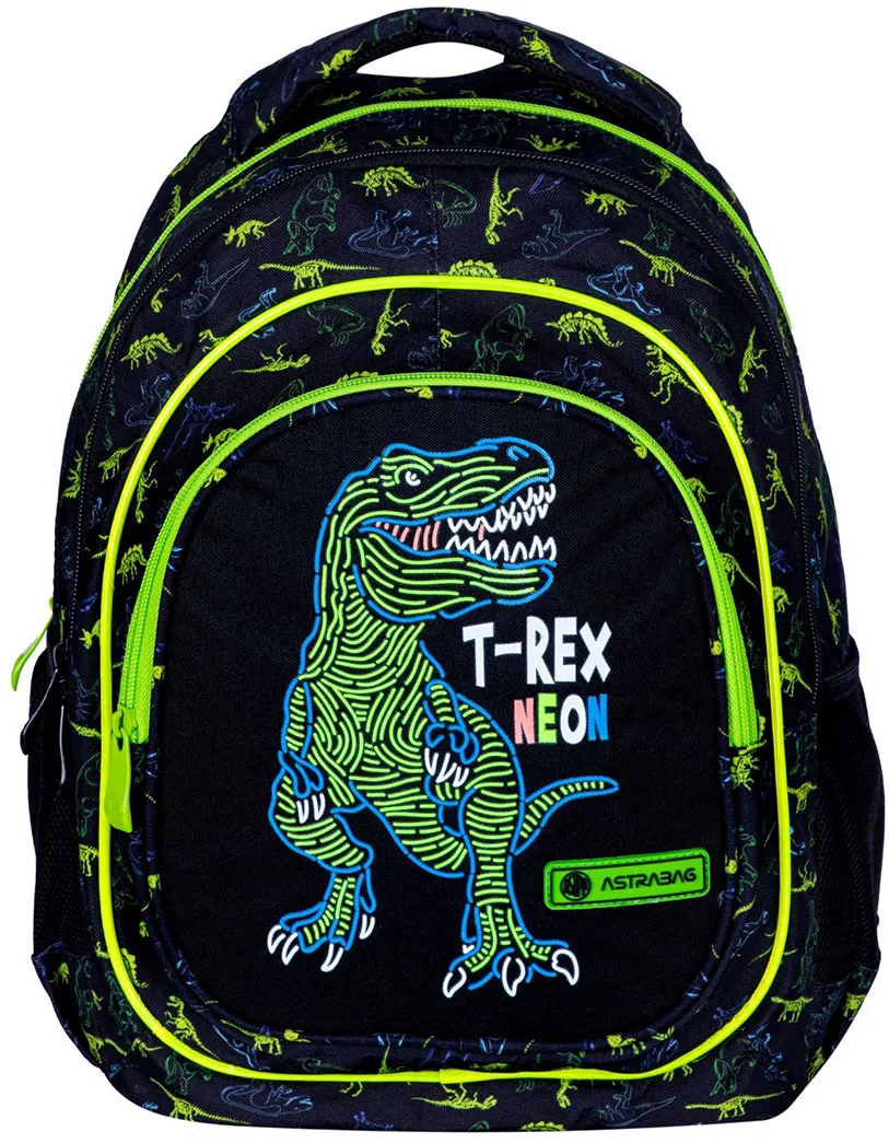 Ghiozdan scolar Astra, 3 compartimente, colectia T-Rex Neon