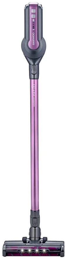 Aspirator DAEWOO vertical RSH-410GP-1, tip stick, putere 300 W, putere de aspirare 100 W, filtru HEPA, baterie Litiu-Ion 29.6 volti, autonomie 40 min., control pe maner, baterie reincarcabila, indicator de putere, perie standard + accesorii, mov