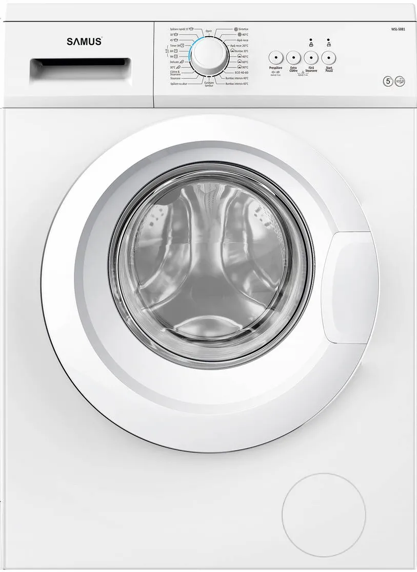Samus Masina de spalat rufe WSL-5081, 5 kg, Model Slim, Clasa energetica D, Clasa eficienta spalare A, 800 rpm, Alb