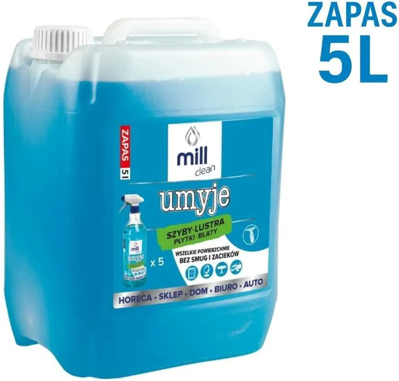 MILL CLEAN CLEANS 5 liters. A liquid cleaner for windows, mirrors, tiles, and countertops. It removes dust and grease stains without leaving streaks or smudges. The large 5-liter canister is ideal for cleaning companies, hotels, and offices.