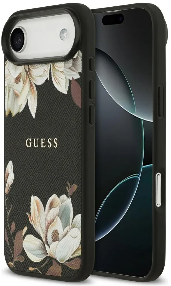 Guess Grained Flowers Classic Logo MagSafe case for iPhone Air - black